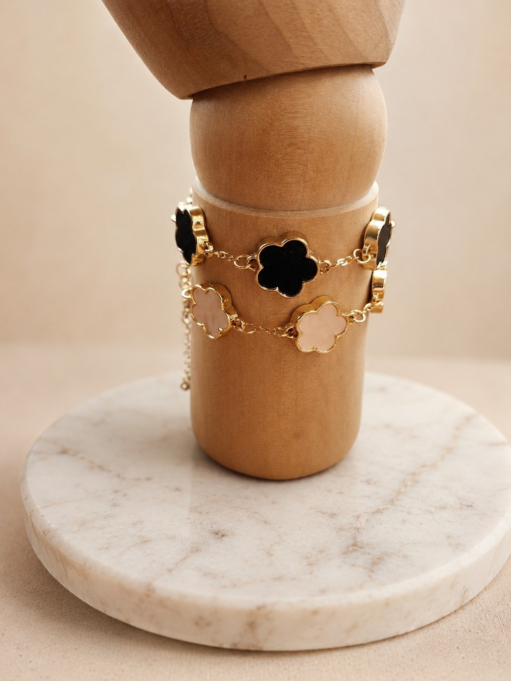 Gold Clover Link Bracelet with Black and Cream Inlays